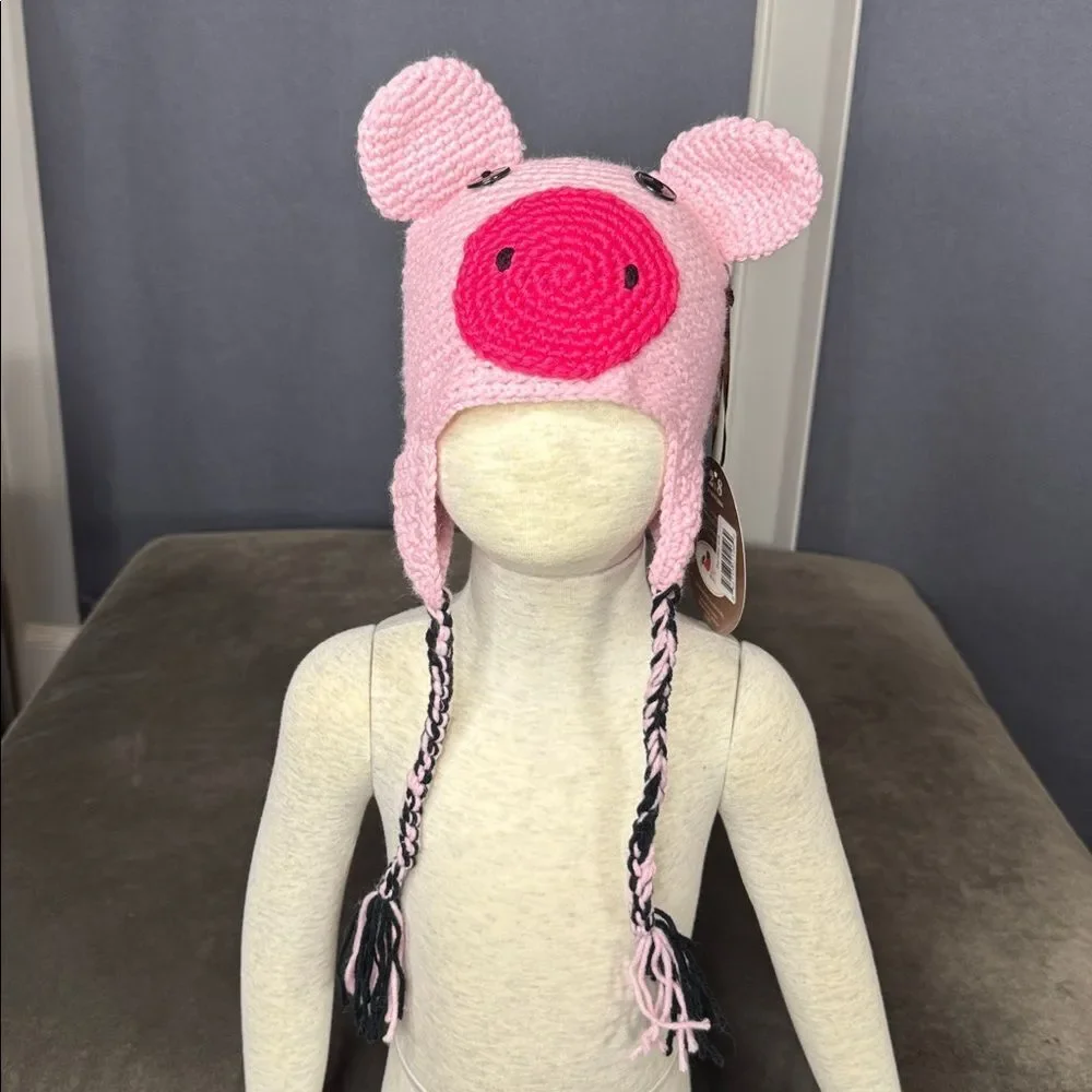 Daisy Baby Kids Crocheted Piglet Hat Beanie with Ear Flaps 2-8 years NWT